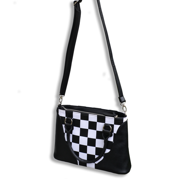 White and grey checkered purse sales