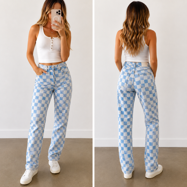 High-Rise Light Washed Checkered Tom Girl Jeans