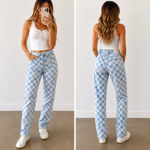 High-Rise Light Washed Checkered Tom Girl Jeans