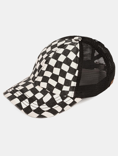 Checkered Mesh Criss Cross High Pony Ball Cap