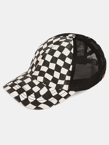 Checkered Mesh Criss Cross High Pony Ball Cap