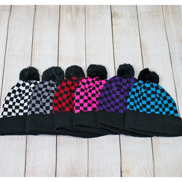 Colored Checkered Beanie with Pom Pom