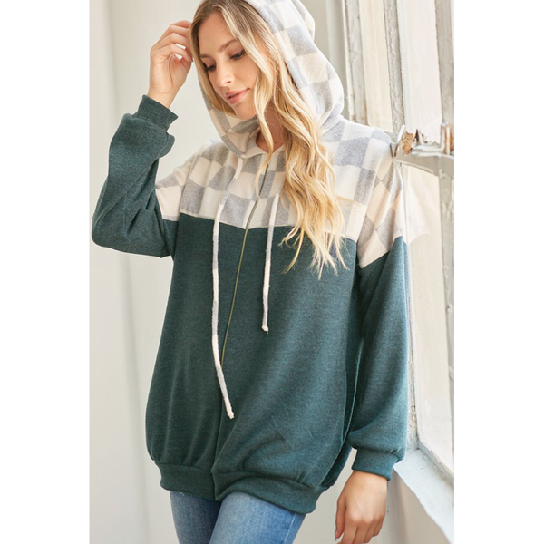 Checkered Print & Solid Zip Up Hoody
