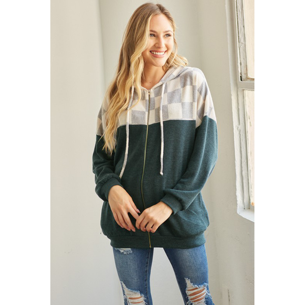 Checkered Print & Solid Zip Up Hoody