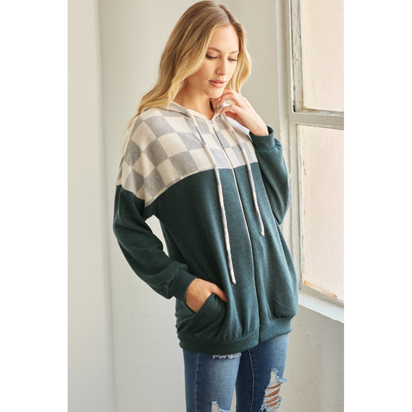 Checkered Print & Solid Zip Up Hoody