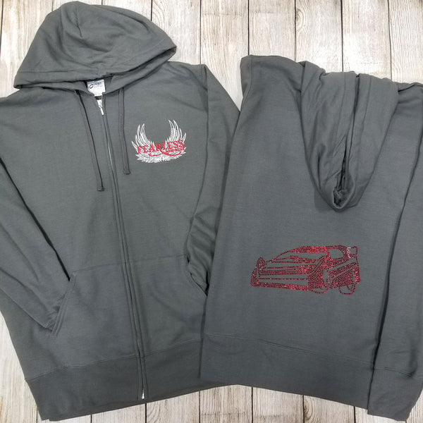 Late Model Rhinestone Zip Ups, Charcoal - Ladies Sizes