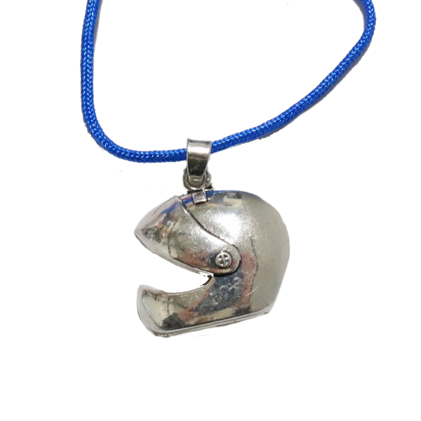 Racing helmet necklace on colored cord