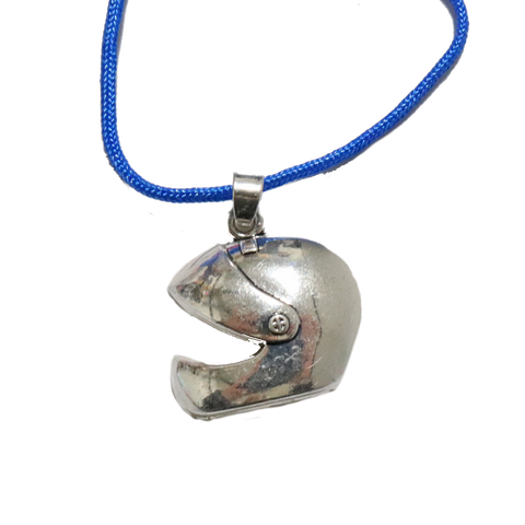 Racing helmet necklace on colored cord