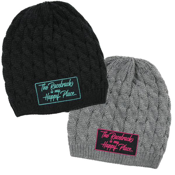 The Racetrack is my Happy Place™ Women's Embroidered Cable Knit Beanies