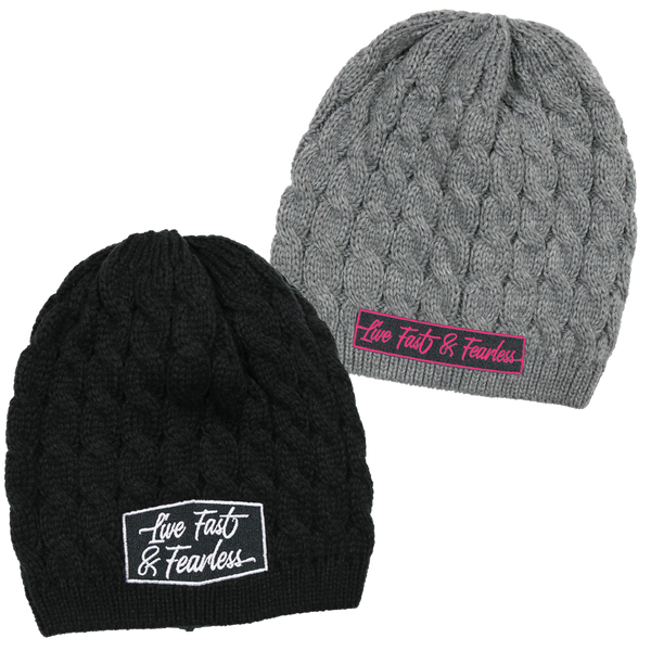 Live Fast & Fearless™ Women's Embroidered Cable Knit Beanies | 2 designs