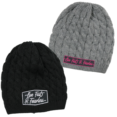 Live Fast & Fearless™ Women's Embroidered Cable Knit Beanies | 2 designs