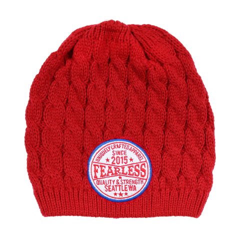 Fearless Embroidered Cable Knit Beanie | Red